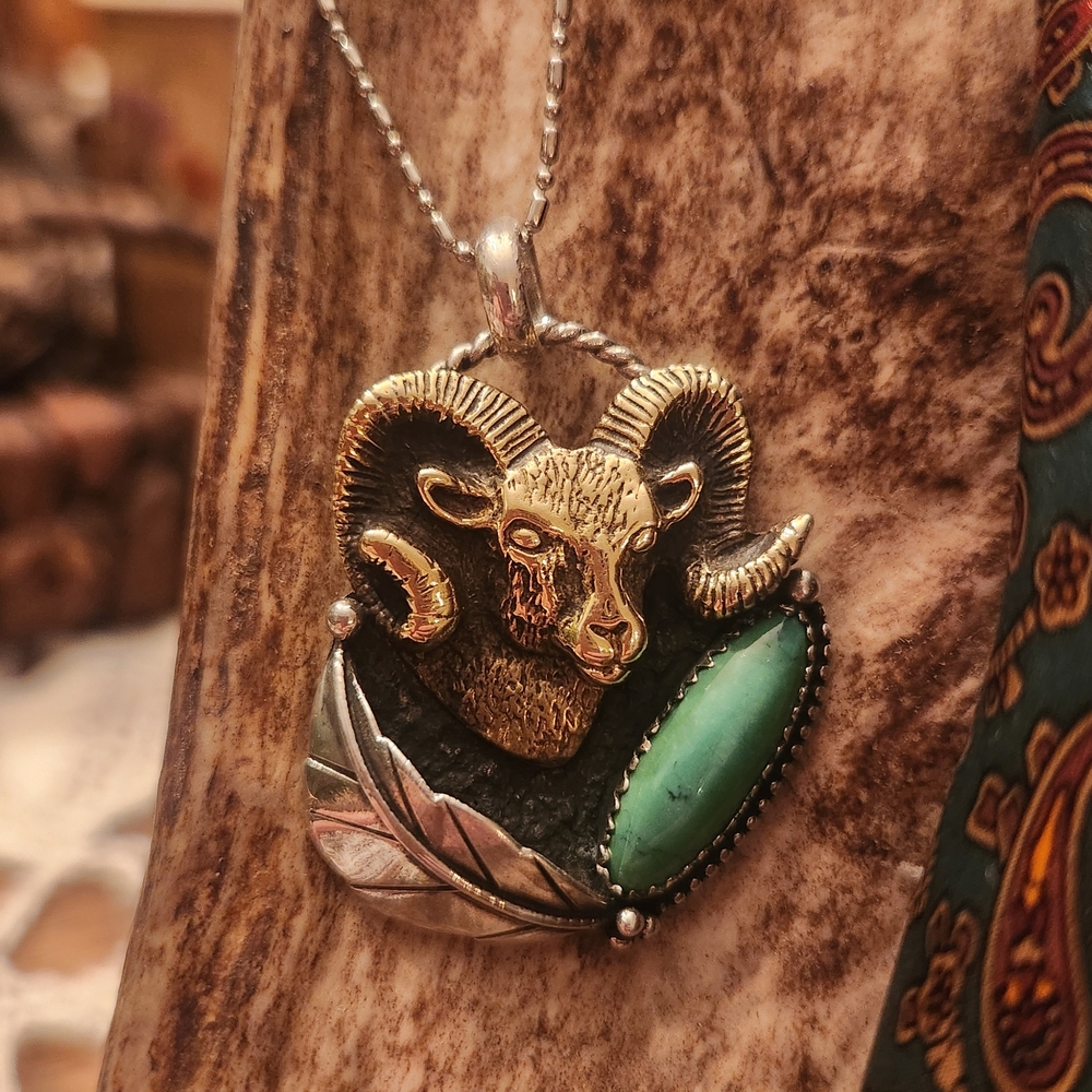 Sterling Silver and Brass Ram Pendant Necklace with Royston Turquoise Accent